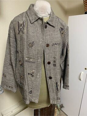 Chico's Neutral Brown/Cream Embroidered Button-Front Jacket